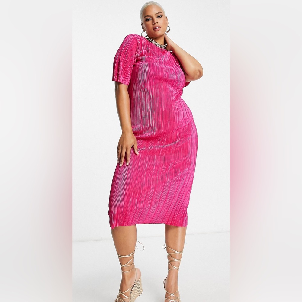 ASOS Design Curve Exclusive Plisse T-shirt Midi Dress in Bright Pink